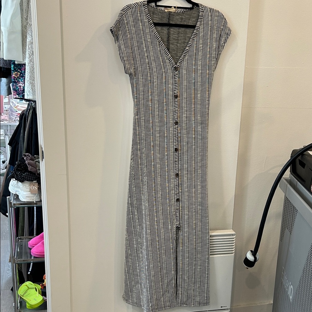 Caution To The Wind Black & White Striped V-Neck Button-Front Maxi Dress
